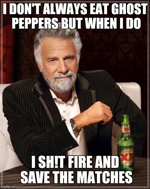 The Most Interesting Man In The World Meme | I DON'T ALWAYS EAT GHOST PEPPERS BUT WHEN I DO I SH!T FIRE AND SAVE THE MATCHES | image tagged in memes,the most interesting man in the world | made w/ Imgflip meme maker