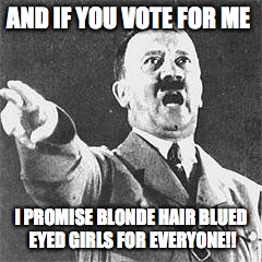 Hitler | AND IF YOU VOTE FOR ME; I PROMISE BLONDE HAIR BLUED EYED GIRLS FOR EVERYONE!! | image tagged in hitler | made w/ Imgflip meme maker