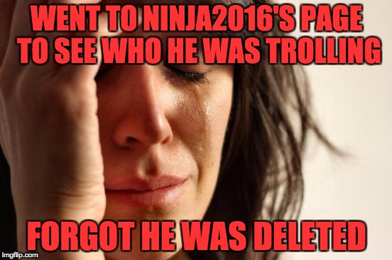 First World Problems Meme | WENT TO NINJA2016'S PAGE TO SEE WHO HE WAS TROLLING; FORGOT HE WAS DELETED | image tagged in memes,first world problems | made w/ Imgflip meme maker