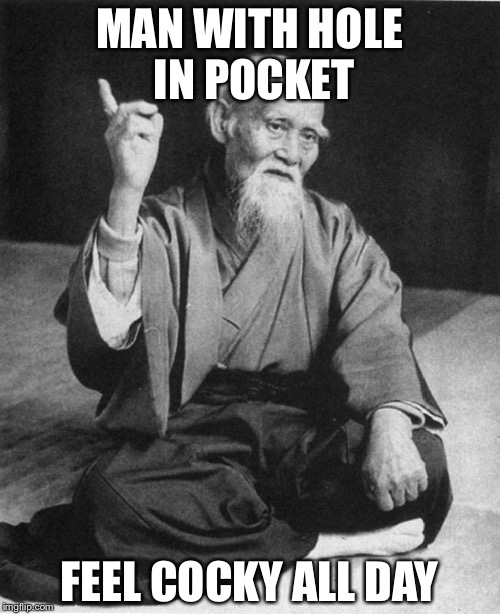 Confucius say | MAN WITH HOLE IN POCKET; FEEL COCKY ALL DAY | image tagged in confucius say | made w/ Imgflip meme maker