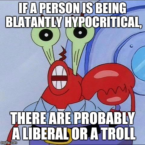 Lolz | IF A PERSON IS BEING BLATANTLY HYPOCRITICAL, THERE ARE PROBABLY A LIBERAL OR A TROLL | image tagged in mr krabs big eyes,troll,hypocrisy | made w/ Imgflip meme maker