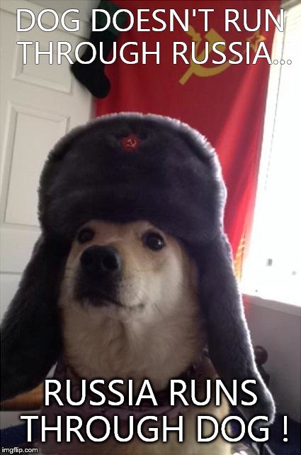 communist dog | DOG DOESN'T RUN THROUGH RUSSIA... RUSSIA RUNS THROUGH DOG ! | image tagged in communist dog | made w/ Imgflip meme maker