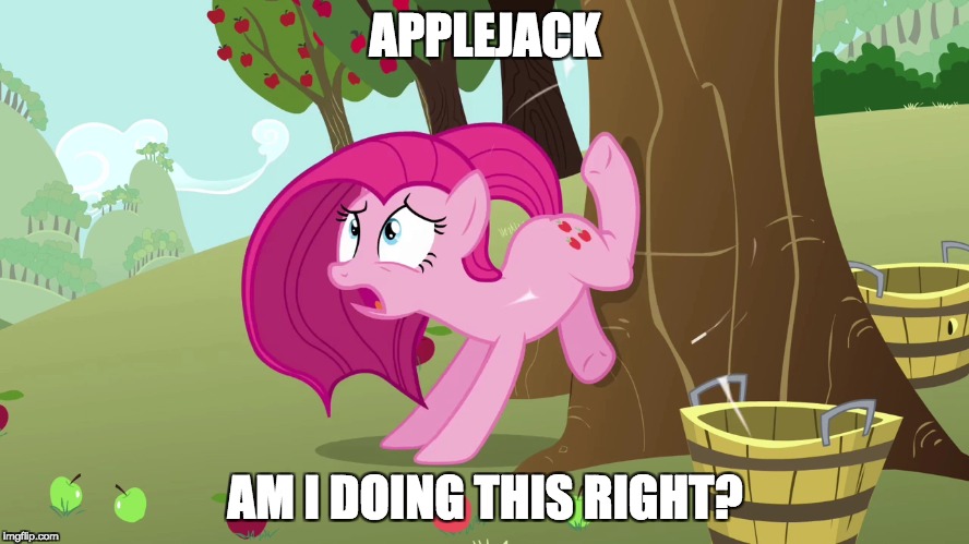 Can somepony help her out here? | APPLEJACK; AM I DOING THIS RIGHT? | image tagged in memes,pinkie pie | made w/ Imgflip meme maker