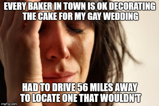 First World Problems Meme | EVERY BAKER IN TOWN IS OK DECORATING THE CAKE FOR MY GAY WEDDING; HAD TO DRIVE 56 MILES AWAY TO LOCATE ONE THAT WOULDN'T | image tagged in memes,first world problems | made w/ Imgflip meme maker
