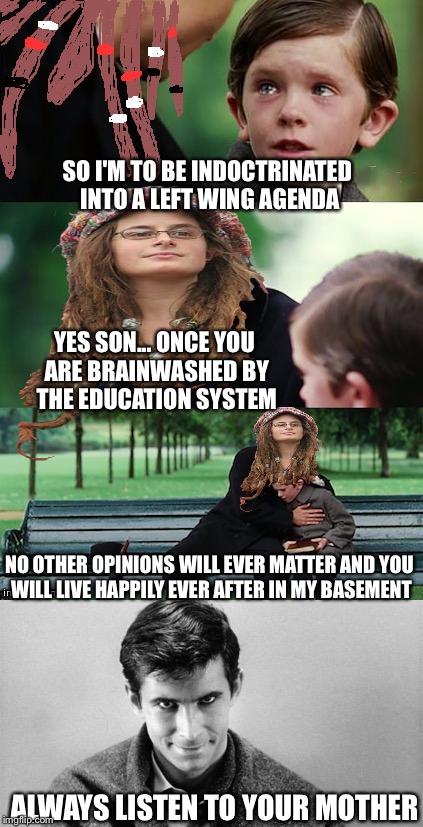When liberals rule the world | SO I'M TO BE INDOCTRINATED INTO A LEFT WING AGENDA; YES SON... ONCE YOU ARE BRAINWASHED BY THE EDUCATION SYSTEM; NO OTHER OPINIONS WILL EVER MATTER AND YOU WILL LIVE HAPPILY EVER AFTER IN MY BASEMENT; ALWAYS LISTEN TO YOUR MOTHER | image tagged in memes,politics | made w/ Imgflip meme maker