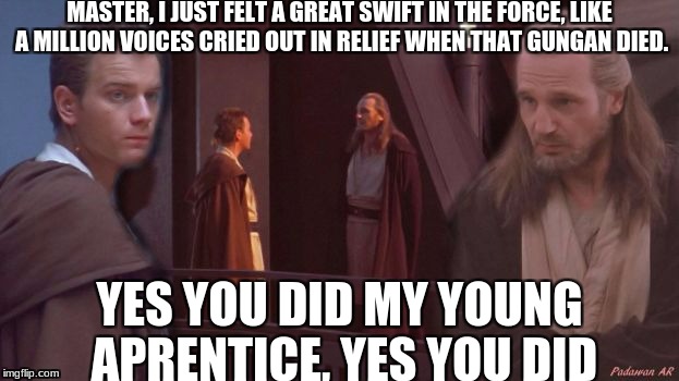 Jar jar died | MASTER, I JUST FELT A GREAT SWIFT IN THE FORCE, LIKE A MILLION VOICES CRIED OUT IN RELIEF WHEN THAT GUNGAN DIED. YES YOU DID MY YOUNG APRENTICE, YES YOU DID | image tagged in obi wan and qui-gon | made w/ Imgflip meme maker