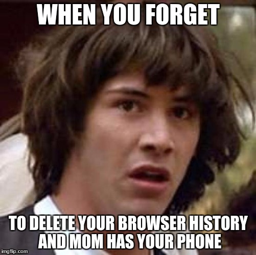Conspiracy Keanu | WHEN YOU FORGET; TO DELETE YOUR BROWSER HISTORY AND MOM HAS YOUR PHONE | image tagged in memes,conspiracy keanu | made w/ Imgflip meme maker