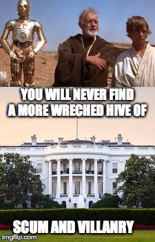 YOU WILL NEVER FIND A MORE WRECHED HIVE OF; SCUM AND VILLANRY | image tagged in political meme,star wars,old ben | made w/ Imgflip meme maker