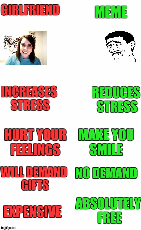 Guys choose wisely  | MEME; GIRLFRIEND; REDUCES STRESS; INCREASES STRESS; MAKE YOU SMILE; HURT YOUR FEELINGS; NO DEMAND; WILL DEMAND GIFTS; ABSOLUTELY FREE; EXPENSIVE | image tagged in plain white tall,overly attached girlfriend,meme | made w/ Imgflip meme maker