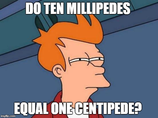 Futurama Fry | DO TEN MILLIPEDES; EQUAL ONE CENTIPEDE? | image tagged in memes,futurama fry | made w/ Imgflip meme maker