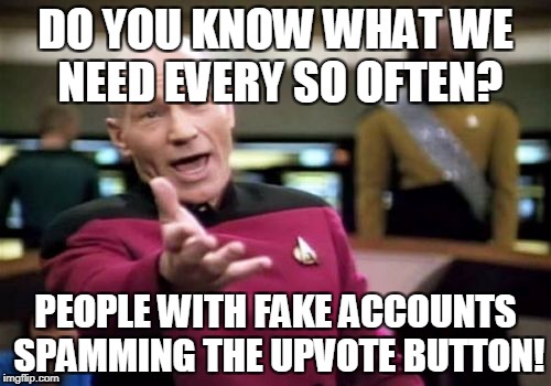 It Would be Nice (for upvote week, Dec 11-15) | DO YOU KNOW WHAT WE NEED EVERY SO OFTEN? PEOPLE WITH FAKE ACCOUNTS SPAMMING THE UPVOTE BUTTON! | image tagged in memes,picard wtf,upvote week | made w/ Imgflip meme maker