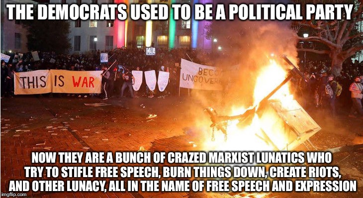 THE DEMOCRATS USED TO BE A POLITICAL PARTY; NOW THEY ARE A BUNCH OF CRAZED MARXIST LUNATICS WHO TRY TO STIFLE FREE SPEECH, BURN THINGS DOWN, CREATE RIOTS, AND OTHER LUNACY, ALL IN THE NAME OF FREE SPEECH AND EXPRESSION | image tagged in memes,antifa,democrats,democratic party,liberals,liberal logic | made w/ Imgflip meme maker