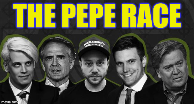 the pepe race | THE PEPE RACE | image tagged in alt right,pepe,richard spencer,milo yiannopoulos,steve bannon,jared taylor | made w/ Imgflip meme maker