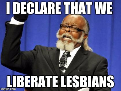Too Damn High | I DECLARE THAT WE; LIBERATE LESBIANS | image tagged in memes,too damn high | made w/ Imgflip meme maker