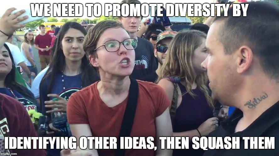 SJW lightbulb | WE NEED TO PROMOTE DIVERSITY BY; IDENTIFYING OTHER IDEAS, THEN SQUASH THEM | image tagged in sjw lightbulb | made w/ Imgflip meme maker