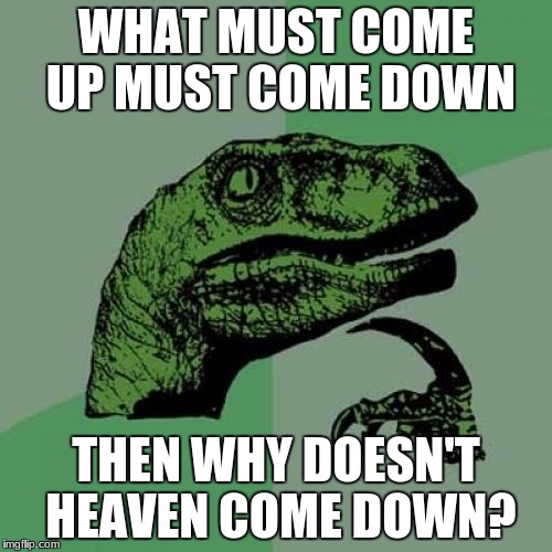 Philosoraptor Meme | WHAT MUST COME UP MUST COME DOWN; THEN WHY DOESN'T HEAVEN COME DOWN? | image tagged in memes,philosoraptor | made w/ Imgflip meme maker