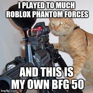 cat with gun | I PLAYED TO MUCH ROBLOX PHANTOM FORCES; AND THIS IS MY OWN BFG 50 | image tagged in cat with gun | made w/ Imgflip meme maker