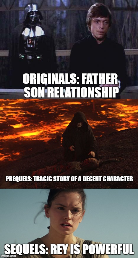 ORIGINALS: FATHER SON RELATIONSHIP; PREQUELS: TRAGIC STORY OF A DECENT CHARACTER; SEQUELS: REY IS POWERFUL | image tagged in memes,star wars,luke skywalker,rey | made w/ Imgflip meme maker