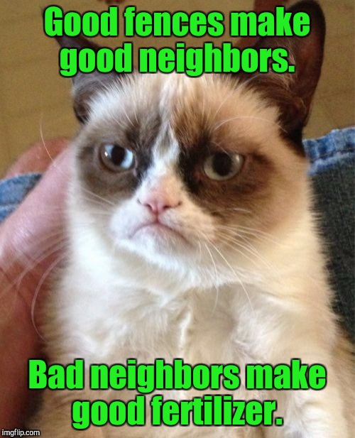 Grumpy Cat | Good fences make good neighbors. Bad neighbors make good fertilizer. | image tagged in memes,grumpy cat | made w/ Imgflip meme maker