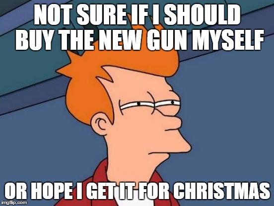 Futurama Fry | NOT SURE IF I SHOULD BUY THE NEW GUN MYSELF; OR HOPE I GET IT FOR CHRISTMAS | image tagged in memes,futurama fry | made w/ Imgflip meme maker