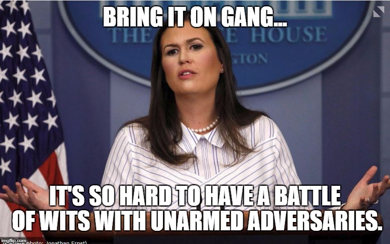 BRING IT ON GANG... IT'S SO HARD TO HAVE A BATTLE OF WITS WITH UNARMED ADVERSARIES. | image tagged in sarah huckabee sanders,wit,press corps,snowflakes,looking for attention | made w/ Imgflip meme maker