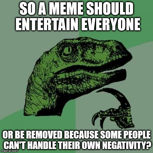 Philosoraptor Meme | SO A MEME SHOULD ENTERTAIN EVERYONE; OR BE REMOVED BECAUSE SOME PEOPLE CAN'T HANDLE THEIR OWN NEGATIVITY? | image tagged in memes,philosoraptor | made w/ Imgflip meme maker