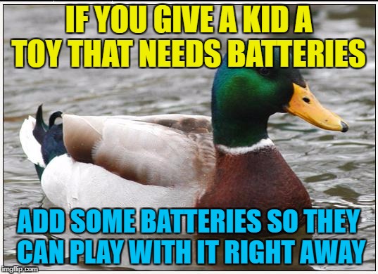 Even if they're cheap ones... | IF YOU GIVE A KID A TOY THAT NEEDS BATTERIES; ADD SOME BATTERIES SO THEY CAN PLAY WITH IT RIGHT AWAY | image tagged in memes,actual advice mallard,christmas,toys,batteries,batteries not included | made w/ Imgflip meme maker