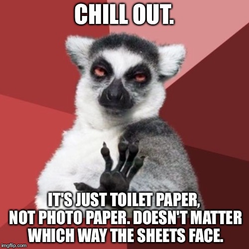 Two sides to every toilet paper joke | CHILL OUT. IT'S JUST TOILET PAPER, NOT PHOTO PAPER. DOESN'T MATTER WHICH WAY THE SHEETS FACE. | image tagged in memes,chill out lemur,toilet paper,photo of the day,wipe,bathroom humor | made w/ Imgflip meme maker