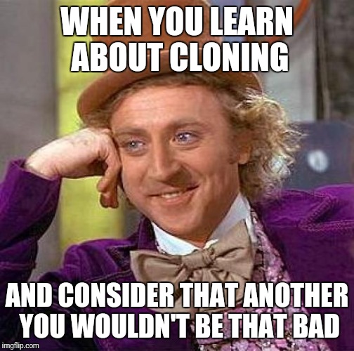 Creepy Condescending Wonka Meme | WHEN YOU LEARN ABOUT CLONING; AND CONSIDER THAT ANOTHER YOU WOULDN'T BE THAT BAD | image tagged in memes,creepy condescending wonka | made w/ Imgflip meme maker