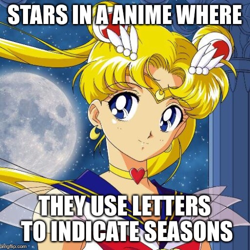 WHAT WERE THEY THINKING? | STARS IN A ANIME WHERE; THEY USE LETTERS TO INDICATE SEASONS | image tagged in sailor moon,memes | made w/ Imgflip meme maker