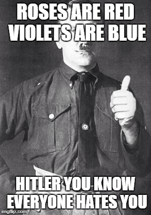 Hitler | ROSES ARE RED VIOLETS ARE BLUE; HITLER YOU KNOW EVERYONE HATES YOU | image tagged in hitler | made w/ Imgflip meme maker