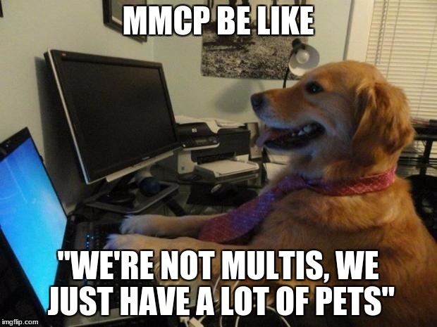 Dog behind a computer | MMCP BE LIKE; "WE'RE NOT MULTIS, WE JUST HAVE A LOT OF PETS" | image tagged in dog behind a computer | made w/ Imgflip meme maker