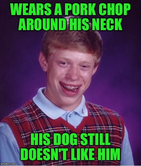 Bad Luck Brian Meme | WEARS A PORK CHOP AROUND HIS NECK; HIS DOG STILL DOESN'T LIKE HIM | image tagged in memes,bad luck brian | made w/ Imgflip meme maker