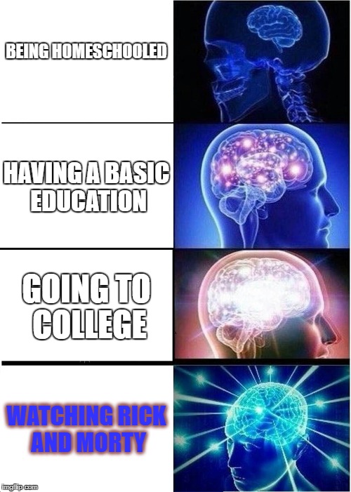college? sorry mom but i watch r i c k a n d m o r t y | BEING HOMESCHOOLED; HAVING A BASIC EDUCATION; GOING TO COLLEGE; WATCHING RICK AND MORTY | image tagged in memes,expanding brain,rick and morty,education | made w/ Imgflip meme maker