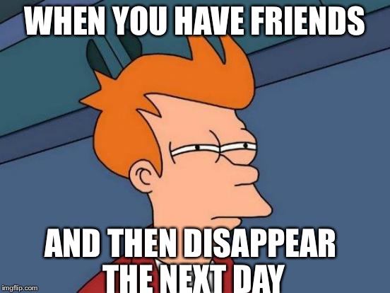 Futurama Fry Meme | WHEN YOU HAVE FRIENDS; AND THEN DISAPPEAR THE NEXT DAY | image tagged in memes,futurama fry | made w/ Imgflip meme maker