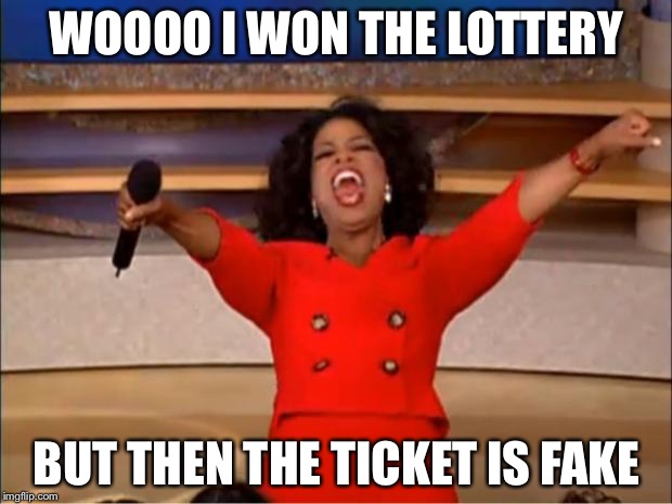 Fake lottery | WOOOO I WON THE LOTTERY; BUT THEN THE TICKET IS FAKE | image tagged in memes,oprah you get a | made w/ Imgflip meme maker