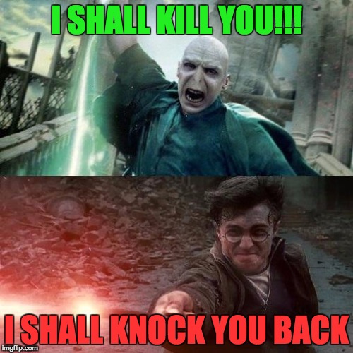 Harry Potter meme | I SHALL KILL YOU!!! I SHALL KNOCK YOU BACK | image tagged in harry potter meme | made w/ Imgflip meme maker