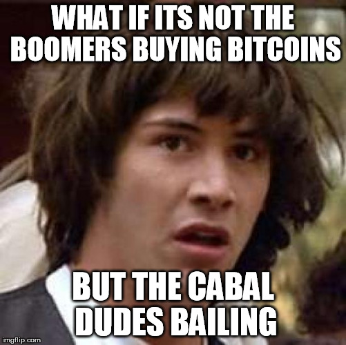 Conspiracy Keanu Meme | WHAT IF ITS NOT THE BOOMERS BUYING BITCOINS; BUT THE CABAL DUDES BAILING | image tagged in memes,conspiracy keanu | made w/ Imgflip meme maker