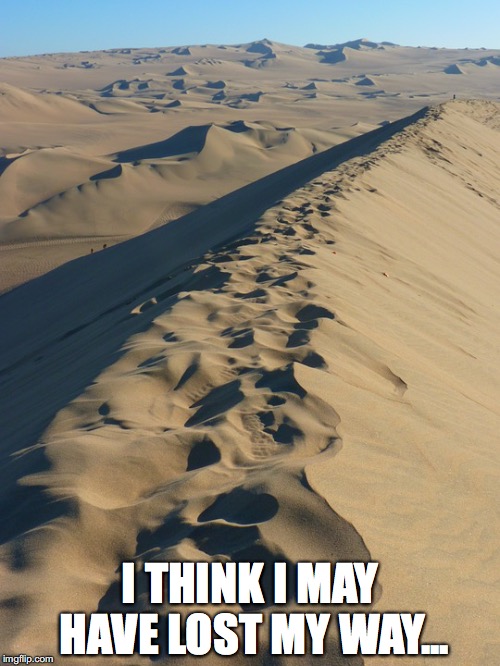 Sand dune | I THINK I MAY HAVE LOST MY WAY... | image tagged in sand dune | made w/ Imgflip meme maker