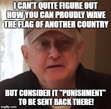 Dan For Memes | I CAN'T QUITE FIGURE OUT HOW YOU CAN PROUDLY WAVE THE FLAG OF ANOTHER COUNTRY; BUT CONSIDER IT "PUNISHMENT" TO BE SENT BACK THERE! | image tagged in dan for memes | made w/ Imgflip meme maker