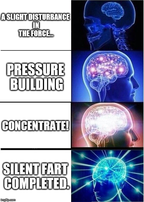 Expanding Brain | A SLIGHT DISTURBANCE IN THE FORCE... PRESSURE BUILDING; CONCENTRATE! SILENT FART COMPLETED. | image tagged in memes,expanding brain | made w/ Imgflip meme maker