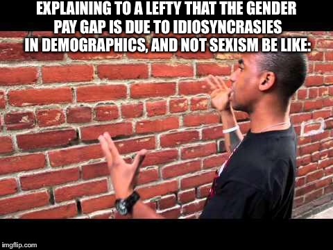 Brick wall guy | EXPLAINING TO A LEFTY THAT THE GENDER PAY GAP IS DUE TO IDIOSYNCRASIES IN DEMOGRAPHICS, AND NOT SEXISM BE LIKE: | image tagged in brick wall guy | made w/ Imgflip meme maker