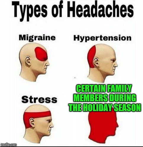 Headaches and the holidays  | CERTAIN FAMILY MEMBERS DURING THE HOLIDAY SEASON | image tagged in types of headaches meme,family,christmas | made w/ Imgflip meme maker