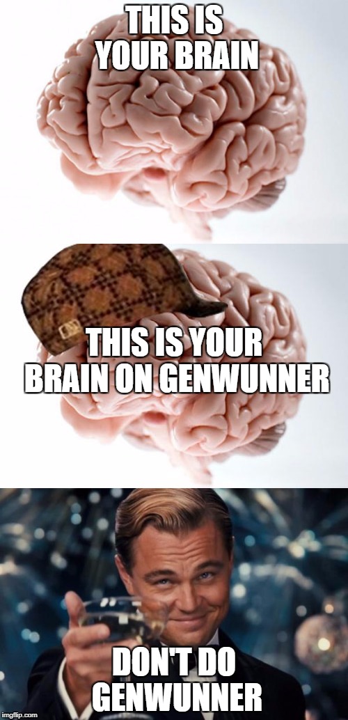 Don't Be a Genwunner | THIS IS YOUR BRAIN; THIS IS YOUR BRAIN ON GENWUNNER; DON'T DO GENWUNNER | image tagged in brain,scumbag brain,leonardo dicaprio cheers | made w/ Imgflip meme maker