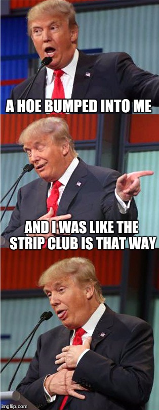 Bad Pun Trump | A HOE BUMPED INTO ME; AND I WAS LIKE THE STRIP CLUB IS THAT WAY | image tagged in bad pun trump | made w/ Imgflip meme maker