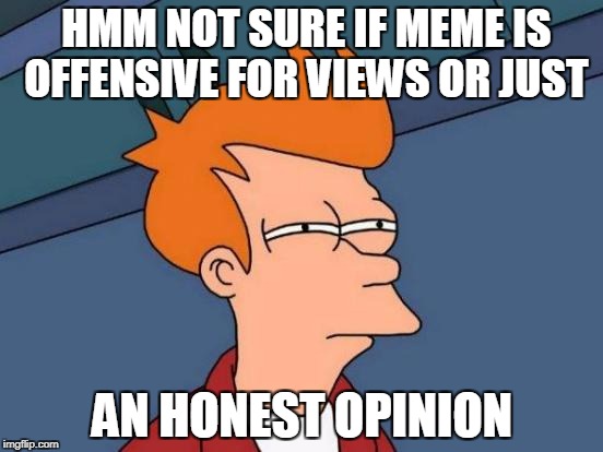 Futurama Fry | HMM NOT SURE IF MEME IS OFFENSIVE FOR VIEWS OR JUST; AN HONEST OPINION | image tagged in memes,futurama fry,not sure if,imgflip,imgflip trolls,imgflip users | made w/ Imgflip meme maker