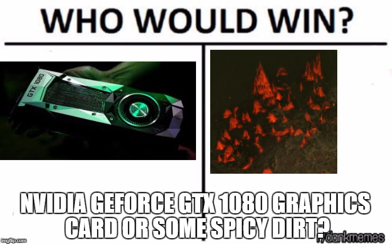 who would win | NVIDIA GEFORCE GTX 1080 GRAPHICS CARD OR SOME SPICY DIRT? | image tagged in who would win | made w/ Imgflip meme maker