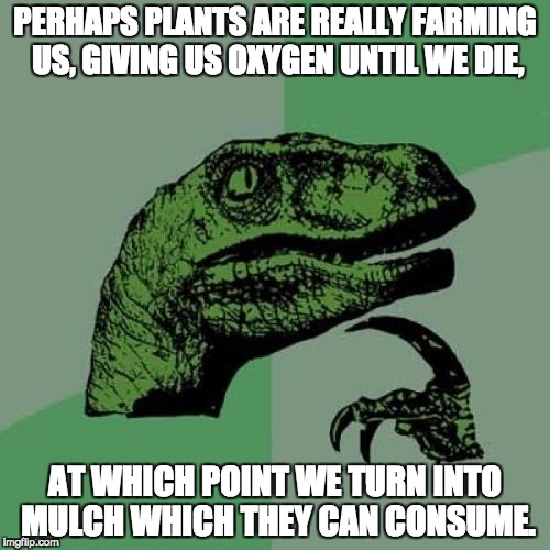 Philosoraptor Meme | PERHAPS PLANTS ARE REALLY FARMING US, GIVING US OXYGEN UNTIL WE DIE, AT WHICH POINT WE TURN INTO MULCH WHICH THEY CAN CONSUME. | image tagged in memes,philosoraptor | made w/ Imgflip meme maker