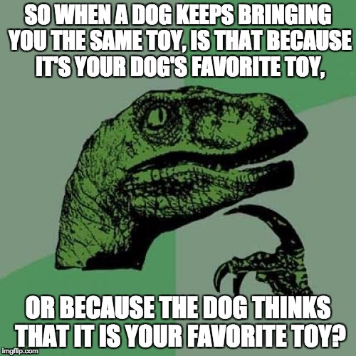 Philosoraptor | SO WHEN A DOG KEEPS BRINGING YOU THE SAME TOY, IS THAT BECAUSE IT'S YOUR DOG'S FAVORITE TOY, OR BECAUSE THE DOG THINKS THAT IT IS YOUR FAVORITE TOY? | image tagged in memes,philosoraptor | made w/ Imgflip meme maker
