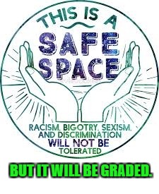 This is a safe space | BUT IT WILL BE GRADED. | image tagged in safe space,intolerance,graded,sign | made w/ Imgflip meme maker